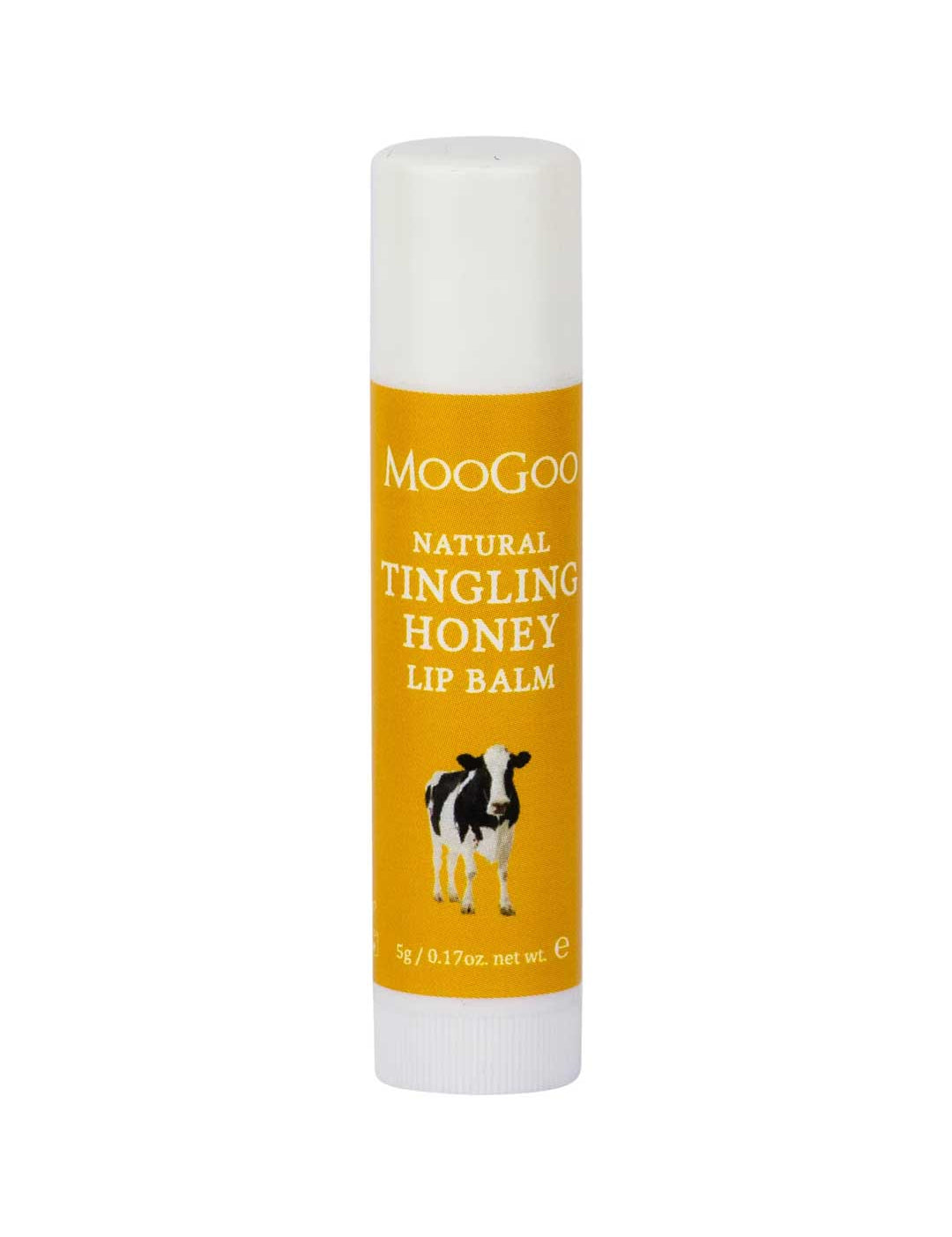 A 5g tube of MooGoo Lip Balm - Tingling Honey with a yellow label, white cap, and a black and white cow illustration—a nourishing natural balm for soft, healthy lips.