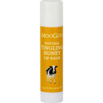 A 5g tube of MooGoo Lip Balm - Tingling Honey with a yellow label, white cap, and a black and white cow illustration—a nourishing natural balm for soft, healthy lips.
