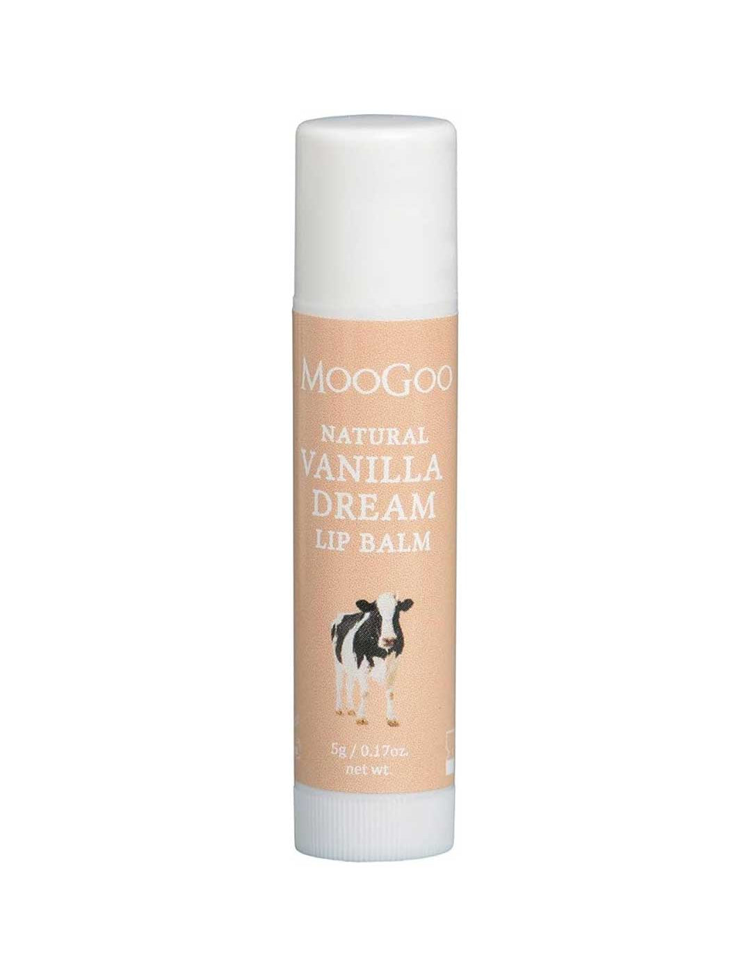 A 5g MooGoo Lip Balm - Vanilla Dream with a beige label, white cap, and cow illustration. This natural lip balm for dry lips is clearly labeled with its size.