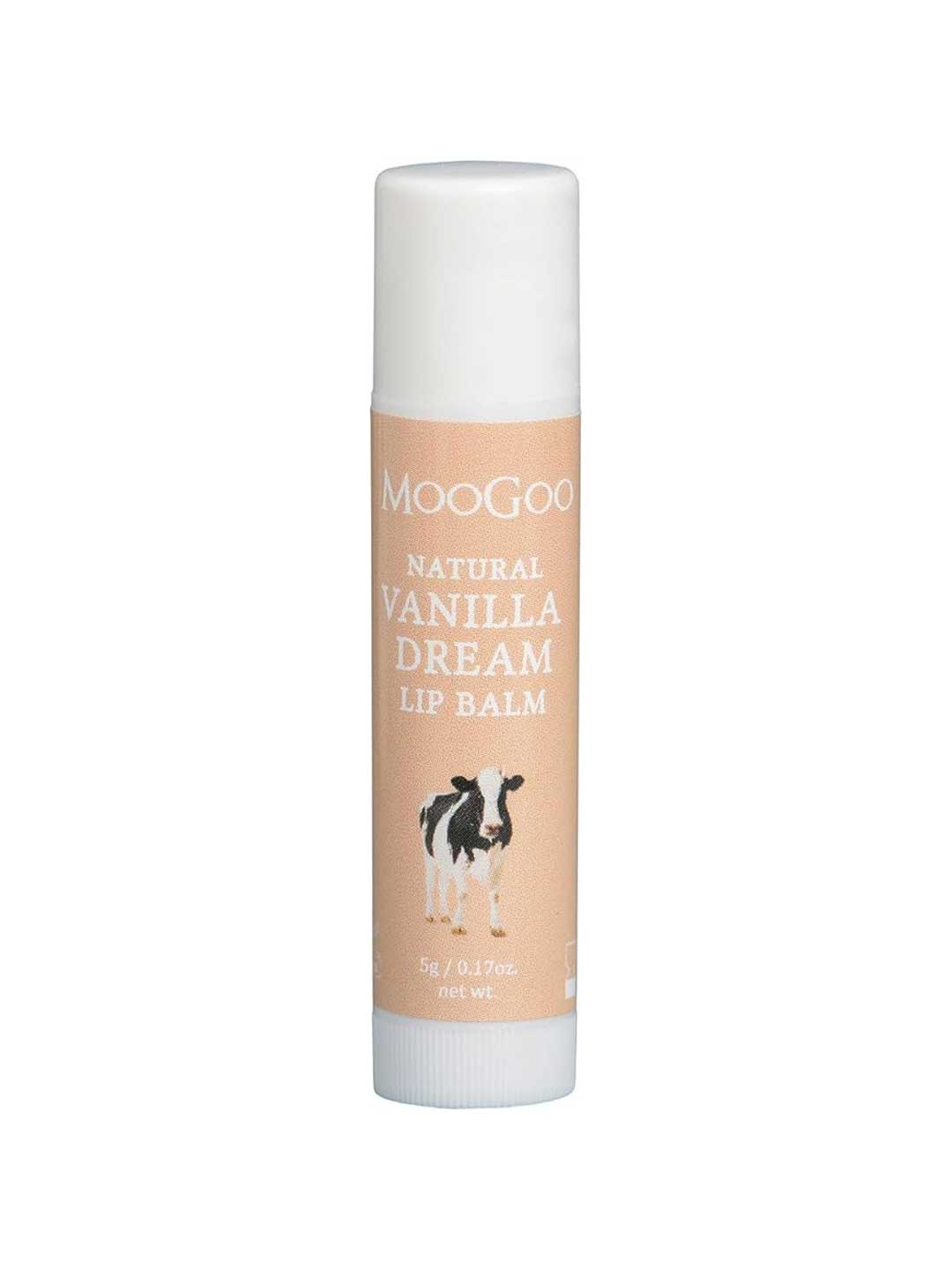 A 5g MooGoo Lip Balm - Vanilla Dream with a beige label, white cap, and cow illustration. This natural lip balm for dry lips is clearly labeled with its size.