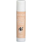 A 5g MooGoo Lip Balm - Vanilla Dream with a beige label, white cap, and cow illustration. This natural lip balm for dry lips is clearly labeled with its size.