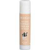 A 5g MooGoo Lip Balm - Vanilla Dream with a beige label, white cap, and cow illustration. This natural lip balm for dry lips is clearly labeled with its size.