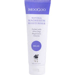 A 120g tube of MooGoo Magnesium Moisturiser with a purple and white label featuring RELAX and a cow illustration. Contains 20% bioavailable Magnesium Chloride for natural hydration and skin relief.