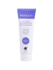 A 120g tube of MooGoo Magnesium Moisturiser with a purple and white label featuring RELAX and a cow illustration. Contains 20% bioavailable Magnesium Chloride for natural hydration and skin relief.