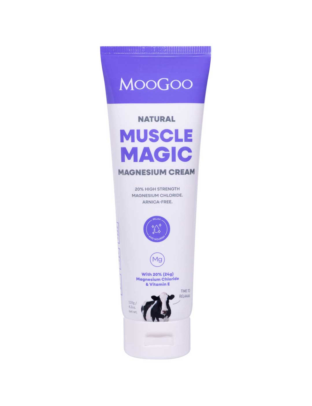 MooGoo Natural Muscle Magic Magnesium Cream in a white squeeze tube with a purple cap and purple text, shown on a plain white background.