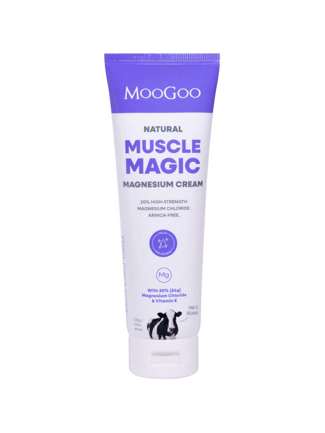 MooGoo Natural Muscle Magic Magnesium Cream in a white squeeze tube with a purple cap and purple text, shown on a plain white background.
