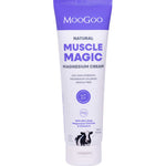 MooGoo Natural Muscle Magic Magnesium Cream in a white squeeze tube with a purple cap and purple text, shown on a plain white background.
