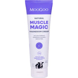MooGoo Natural Muscle Magic Magnesium Cream in a white squeeze tube with a purple cap and purple text, shown on a plain white background.