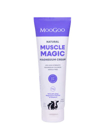 MooGoo Natural Muscle Magic Magnesium Cream in a white squeeze tube with a purple cap and purple text, shown on a plain white background.