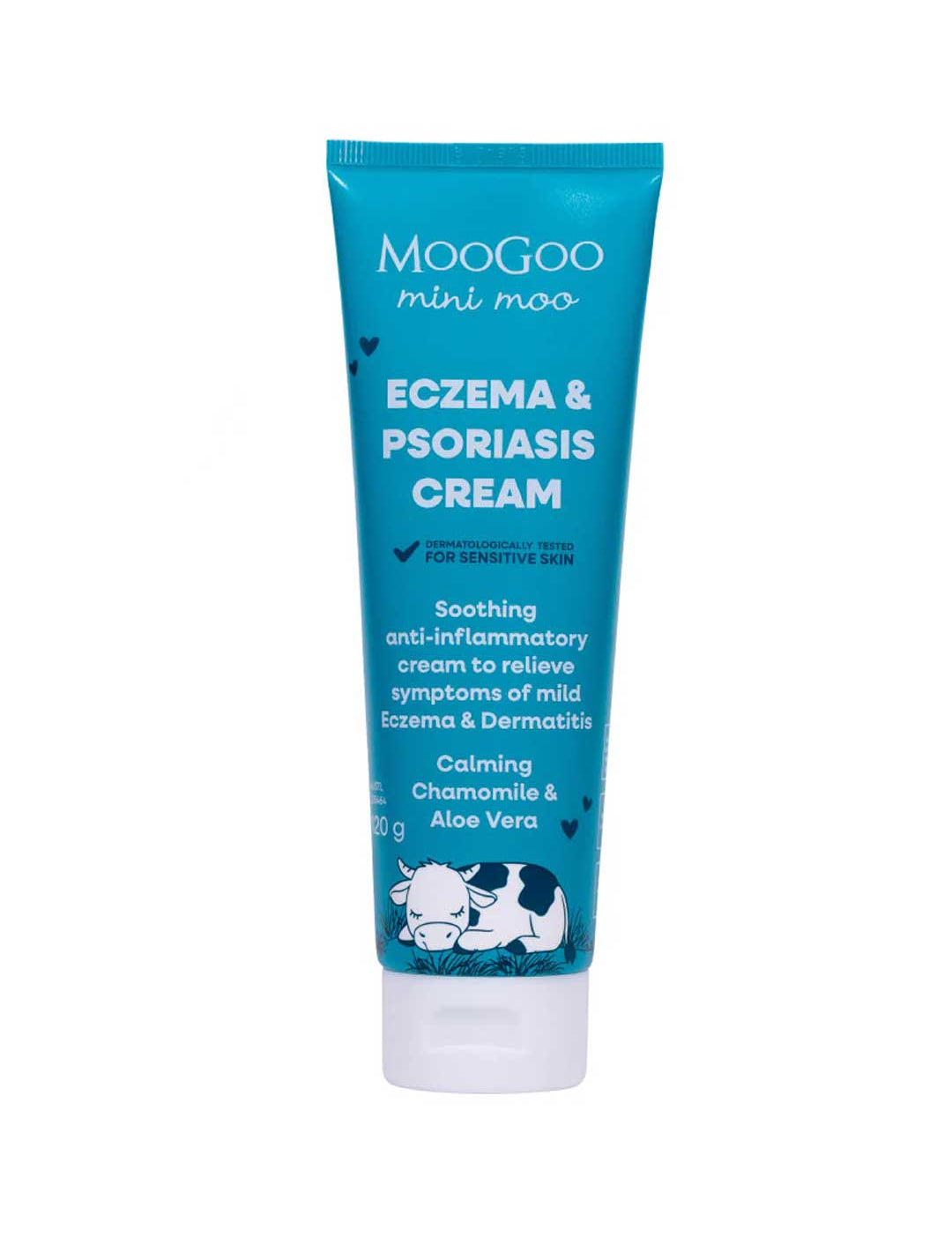 A blue tube of MooGoo Mini Moo Baby Eczema & Psoriasis Cream 120g for sensitive skin, with product details and a small cow illustration at the bottom.