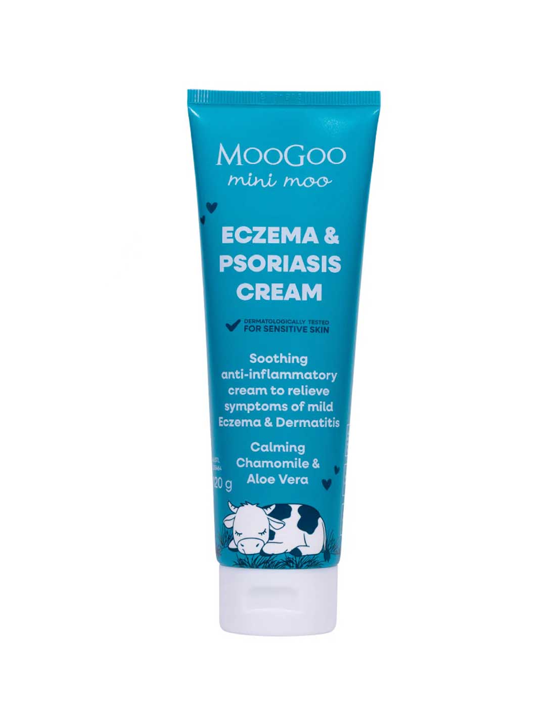 A blue tube of MooGoo Mini Moo Baby Eczema & Psoriasis Cream 120g for sensitive skin, with product details and a small cow illustration at the bottom.