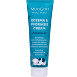 A blue tube of MooGoo Mini Moo Baby Eczema & Psoriasis Cream 120g for sensitive skin, with product details and a small cow illustration at the bottom.