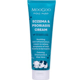 A blue tube of MooGoo Mini Moo Baby Eczema & Psoriasis Cream 120g for sensitive skin, with product details and a small cow illustration at the bottom.
