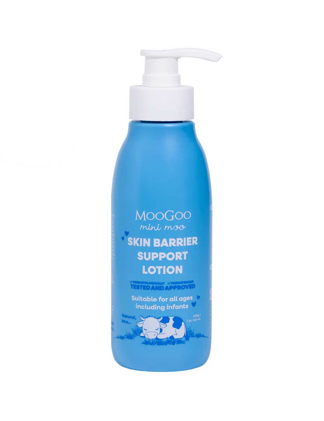 A blue pump bottle of MooGoo Mini Moo Baby Fast-Absorbing Lotion with Ceramides 200g, gentle for all ages including infants, featuring a white cow illustration—ideal for sensitive skin.