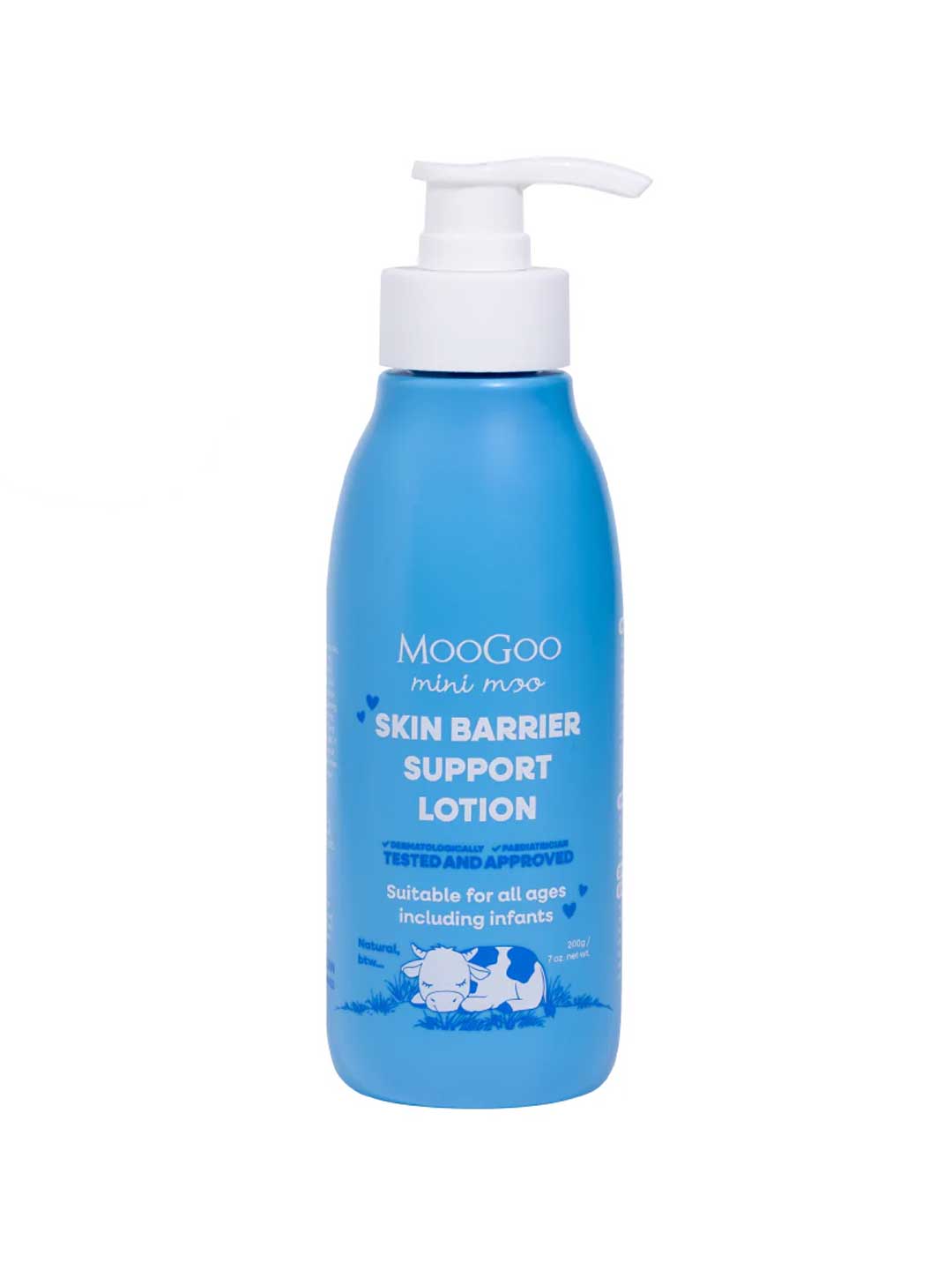 A blue pump bottle of MooGoo Mini Moo Baby Fast-Absorbing Lotion with Ceramides 200g, gentle for all ages including infants, featuring a white cow illustration—ideal for sensitive skin.