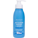 A blue pump bottle of MooGoo Mini Moo Baby Fast-Absorbing Lotion with Ceramides 200g, gentle for all ages including infants, featuring a white cow illustration—ideal for sensitive skin.