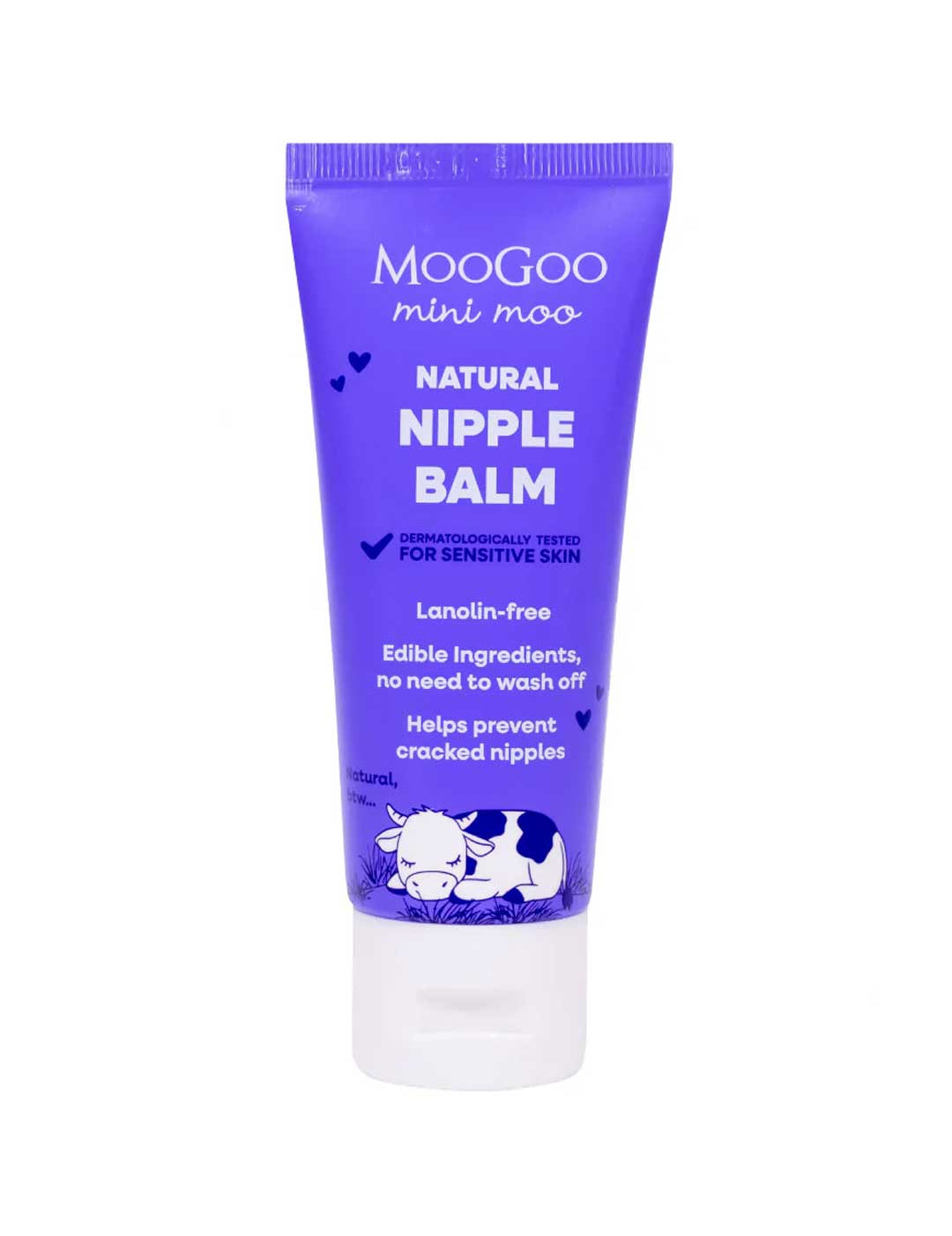 A purple tube of MooGoo Mini Moo Baby Nipple Balm 50g for sensitive skin, lanolin free and suitable for breastfeeding mums to help prevent cracked nipples, with cow illustrations near the bottom.