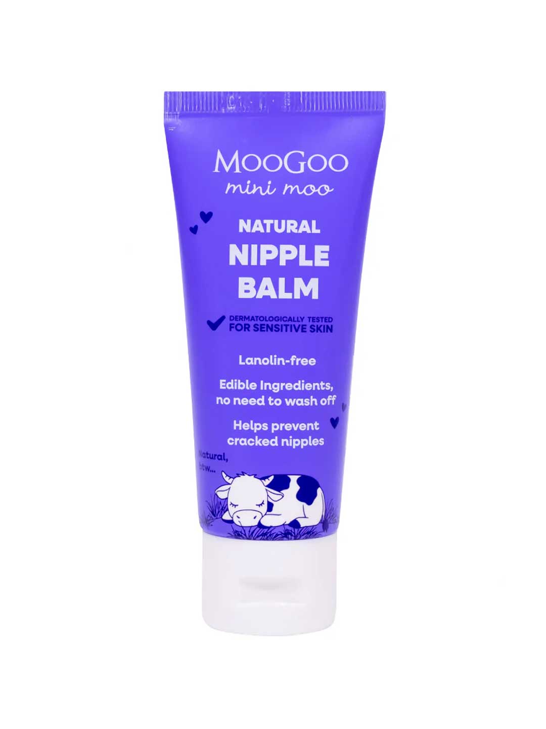 A purple tube of MooGoo Mini Moo Baby Nipple Balm 50g for sensitive skin, lanolin free and suitable for breastfeeding mums to help prevent cracked nipples, with cow illustrations near the bottom.