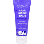 A purple tube of MooGoo Mini Moo Baby Nipple Balm 50g for sensitive skin, lanolin free and suitable for breastfeeding mums to help prevent cracked nipples, with cow illustrations near the bottom.