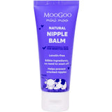 A purple tube of MooGoo Mini Moo Baby Nipple Balm 50g for sensitive skin, lanolin free and suitable for breastfeeding mums to help prevent cracked nipples, with cow illustrations near the bottom.