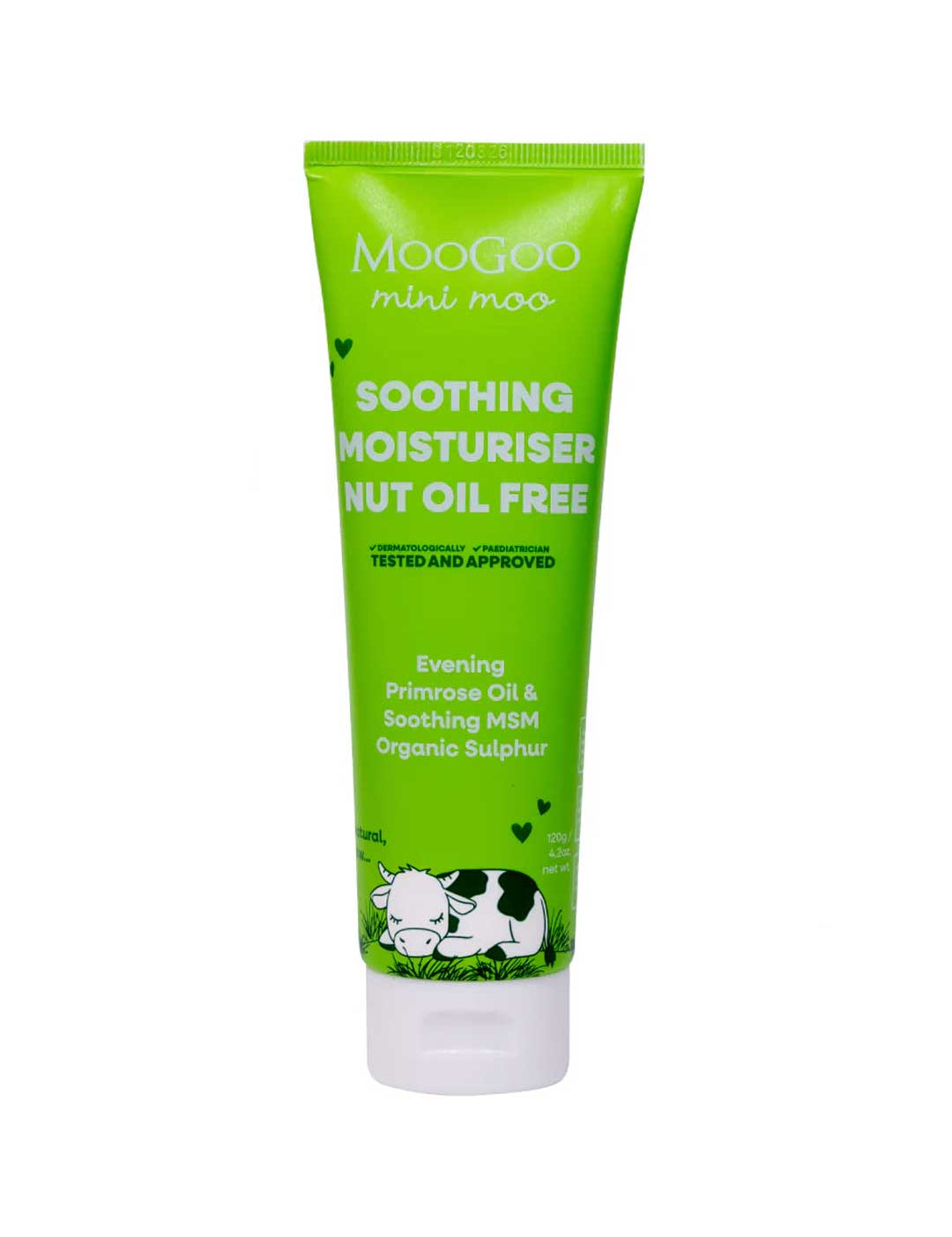 A green tube of MooGoo Mini Moo Baby Soothing Moisturiser Nut Oil Free 120g for delicate skin, featuring text about evening primrose oil, soothing MSM, organic sulphur, and a cow on grass illustration.