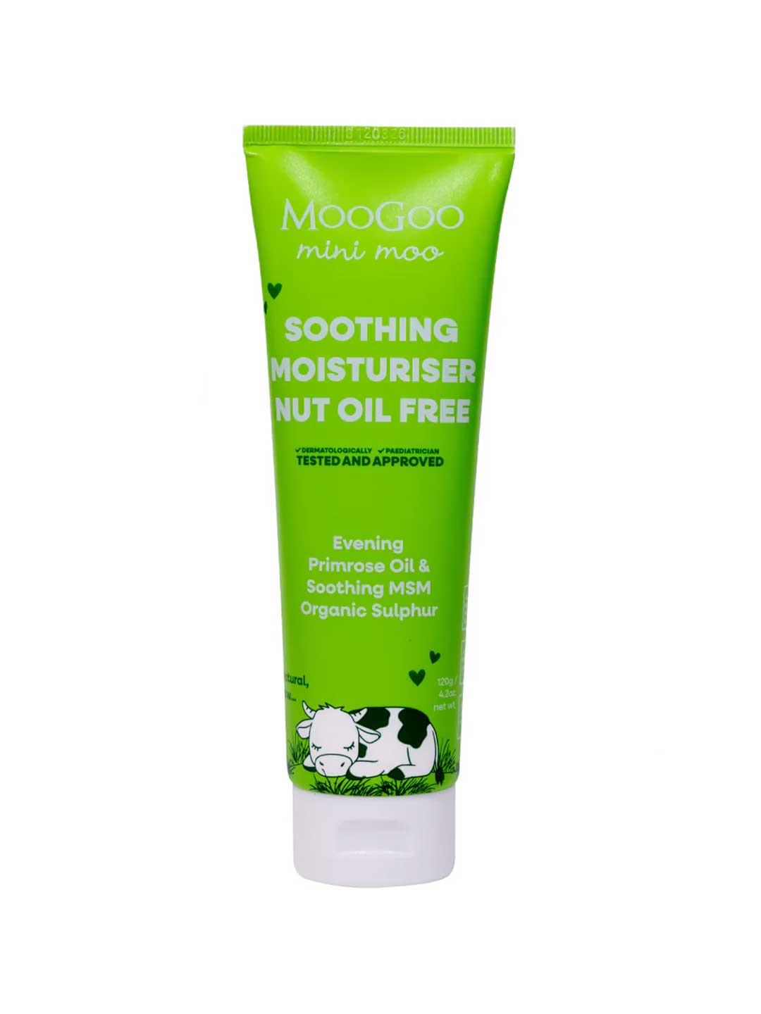 A green tube of MooGoo Mini Moo Baby Soothing Moisturiser Nut Oil Free 120g for delicate skin, featuring text about evening primrose oil, soothing MSM, organic sulphur, and a cow on grass illustration.