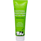 A green tube of MooGoo Mini Moo Baby Soothing Moisturiser Nut Oil Free 120g for delicate skin, featuring text about evening primrose oil, soothing MSM, organic sulphur, and a cow on grass illustration.