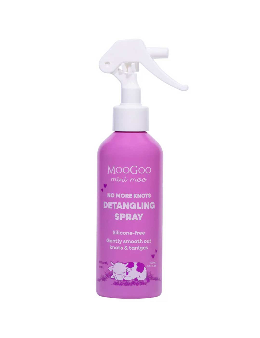 A pink 150ml bottle of MooGoo Mini Moo Natural Detangling Spray, a kid-friendly hair product with a white spray nozzle, featuring a cartoon cow and highlighting its silicone-free formula for smoothing knots and tangles.