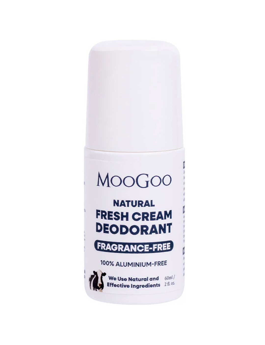 A 60ml white bottle of MooGoo Natural Fresh Cream Deodorant - Fragrance Free. This deodorant is 100% aluminium-free, made with natural, effective ingredients and ideal for sensitive skin.