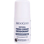 A 60ml white bottle of MooGoo Natural Fresh Cream Deodorant - Fragrance Free. This deodorant is 100% aluminium-free, made with natural, effective ingredients and ideal for sensitive skin.