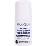 A 60ml white bottle of MooGoo Natural Fresh Cream Deodorant - Fragrance Free. This deodorant is 100% aluminium-free, made with natural, effective ingredients and ideal for sensitive skin.