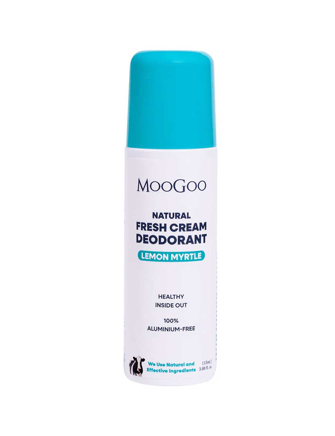 A white bottle of MooGoo Natural Fresh Cream Deodorant - Lemon Myrtle with a blue cap, showing it's 100% aluminium-free, suitable for sensitive skin, and featuring the MooGoo cow logo at the bottom.
