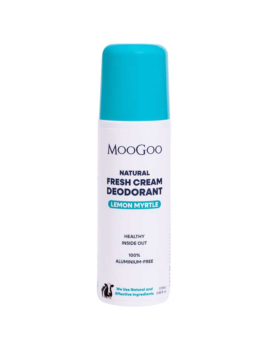 A white bottle of MooGoo Natural Fresh Cream Deodorant - Lemon Myrtle with a blue cap, showing it's 100% aluminium-free, suitable for sensitive skin, and featuring the MooGoo cow logo at the bottom.