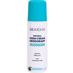 A white bottle of MooGoo Natural Fresh Cream Deodorant - Lemon Myrtle with a blue cap, showing it's 100% aluminium-free, suitable for sensitive skin, and featuring the MooGoo cow logo at the bottom.