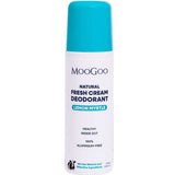 A white bottle of MooGoo Natural Fresh Cream Deodorant - Lemon Myrtle with a blue cap, showing it's 100% aluminium-free, suitable for sensitive skin, and featuring the MooGoo cow logo at the bottom.