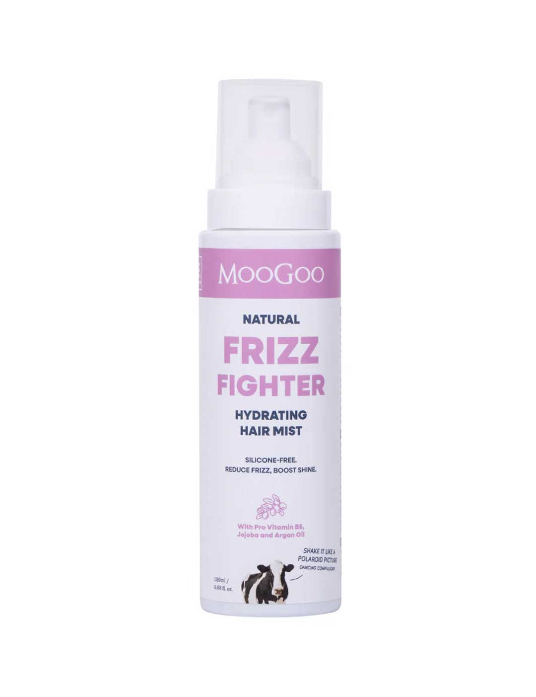 A white and purple 180ml bottle of MooGoo Natural Frizz Fighter Hydrating Hair Mist with a pump dispenser. The silicone-free formula includes pro-vitamin B5, jojoba, and argan oil to hydrate hair and fight frizz.