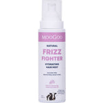 A white and purple 180ml bottle of MooGoo Natural Frizz Fighter Hydrating Hair Mist with a pump dispenser. The silicone-free formula includes pro-vitamin B5, jojoba, and argan oil to hydrate hair and fight frizz.