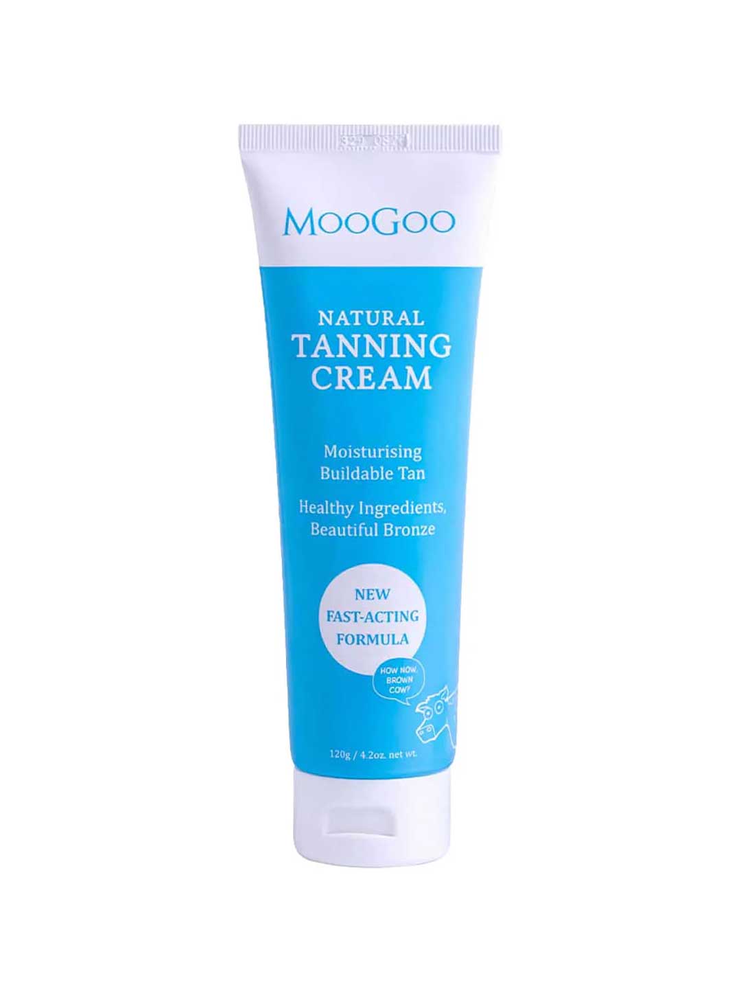 A 120g tube of MooGoo Natural Tanning Cream with a blue and white label, offering a moisturizing, buildable tan and fast results, made with healthy ingredients plus Hyaluronic Acid for extra hydration.