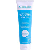 A 120g tube of MooGoo Natural Tanning Cream with a blue and white label, offering a moisturizing, buildable tan and fast results, made with healthy ingredients plus Hyaluronic Acid for extra hydration.