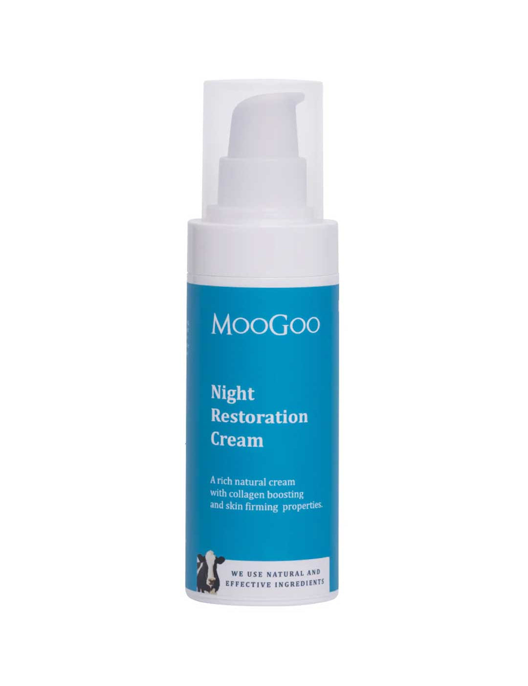 A 75g bottle of MooGoo Night Restoration Cream with a white pump and blue label, enriched with Hyaluronic Acid for collagen-boosting and firming, plus two cows illustrated at the bottom.