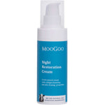 A 75g bottle of MooGoo Night Restoration Cream with a white pump and blue label, enriched with Hyaluronic Acid for collagen-boosting and firming, plus two cows illustrated at the bottom.