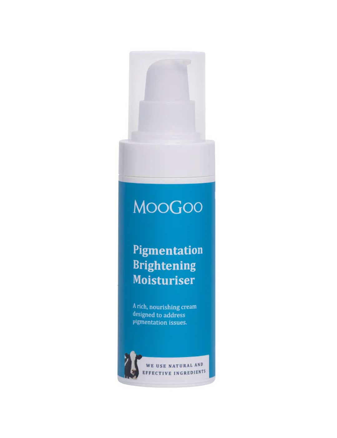 The MooGoo Pigmentation Brightening Moisturiser 75g features a white pump cap and blue label, and is enriched with Vitamin C to help target pigmentation issues.