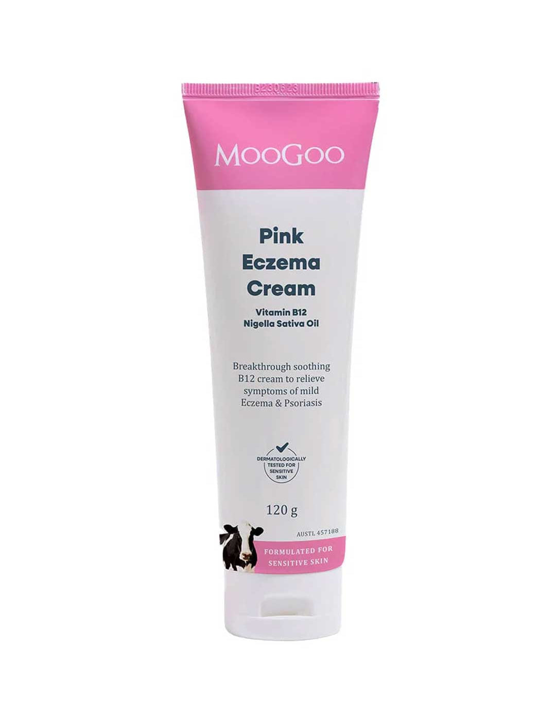 MooGoo Pink Eczema Cream 120g features a pink and white label with info on Vitamin B12 and Nigella Sativa Oil, offering relief for mild eczema and psoriasis.