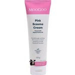MooGoo Pink Eczema Cream 120g features a pink and white label with info on Vitamin B12 and Nigella Sativa Oil, offering relief for mild eczema and psoriasis.