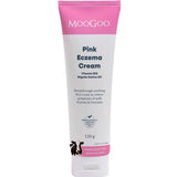 MooGoo Pink Eczema Cream 120g features a pink and white label with info on Vitamin B12 and Nigella Sativa Oil, offering relief for mild eczema and psoriasis.