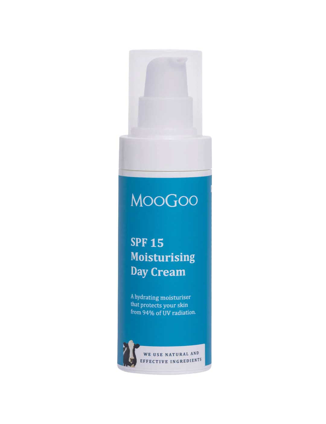 A white 75g bottle of MooGoo SPF 15 Moisturising Day Cream with a blue label and pump dispenser, offering hydrating zinc oxide sun protection against 94% of UV rays.