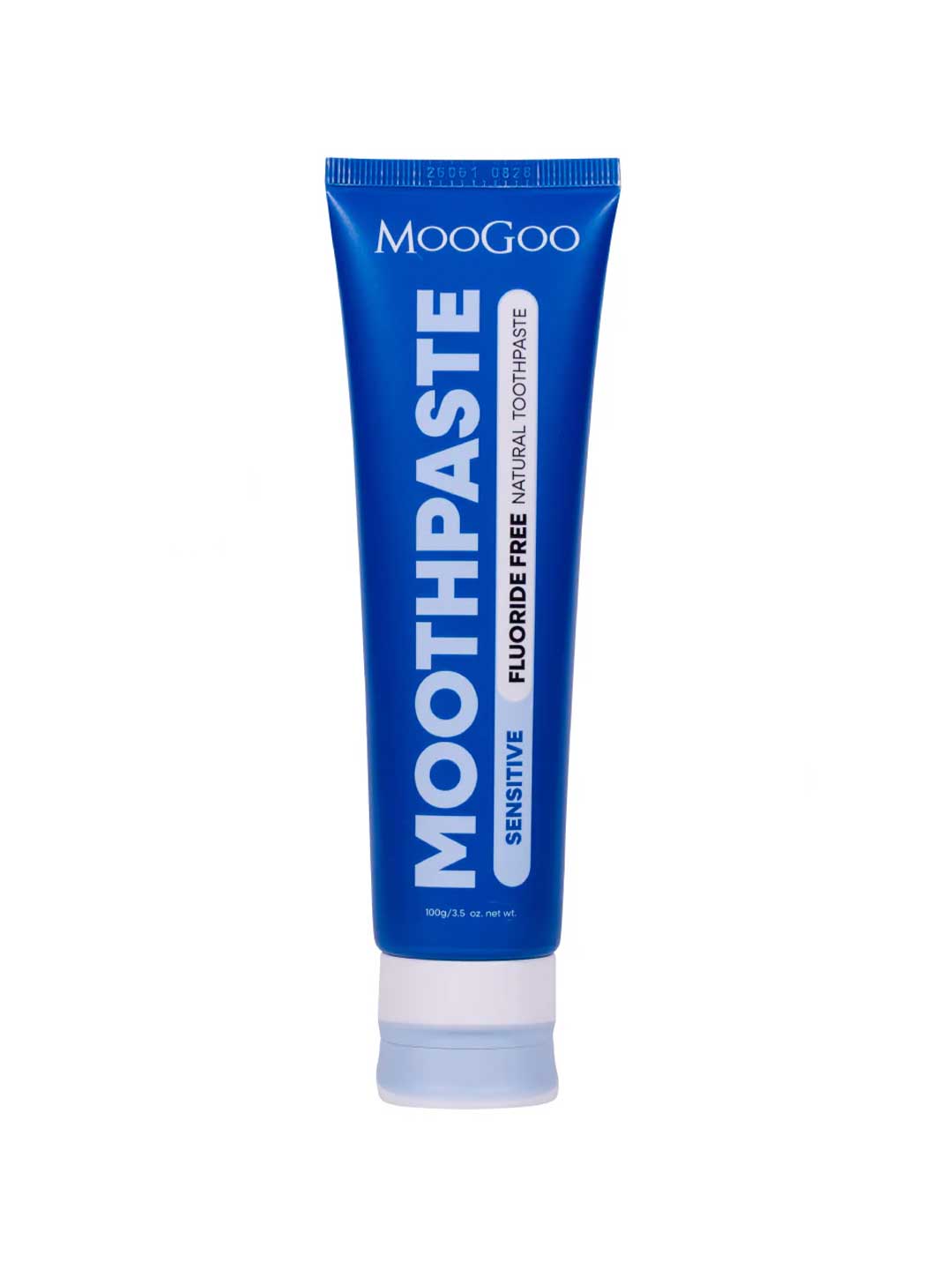 A 100g tube of MooGoo Sensitive Moothpaste – Fluoride Free stands upright on a white background, featuring natural ingredients and the MooGoo brand.