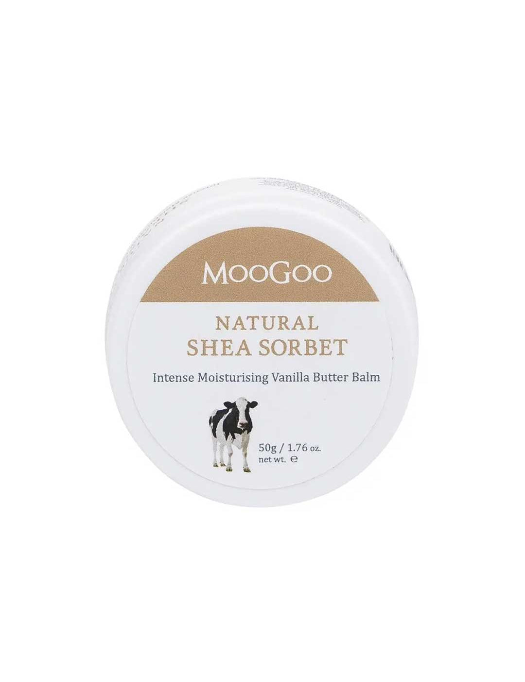 A round white container of MooGoo Shea Sorbet Vanilla Butter Balm 50g, featuring a cow illustration—an ideal moisturiser for dry skin.