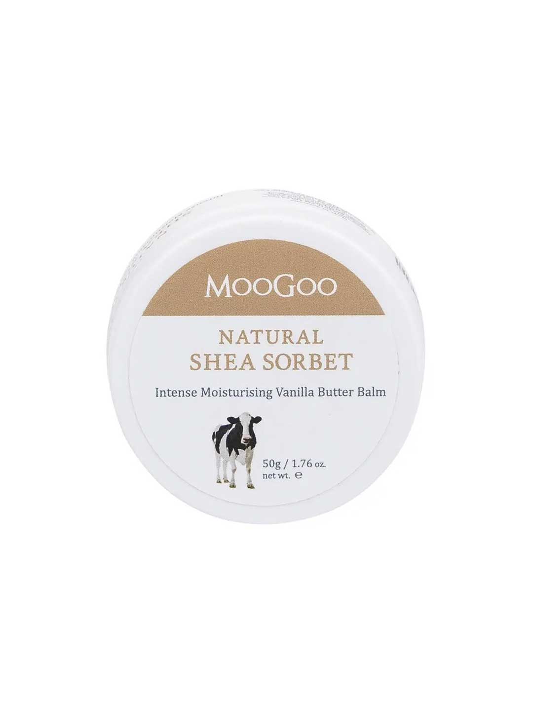 A round white container of MooGoo Shea Sorbet Vanilla Butter Balm 50g, featuring a cow illustration—an ideal moisturiser for dry skin.