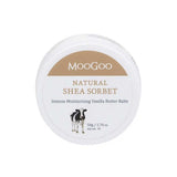 A round white container of MooGoo Shea Sorbet Vanilla Butter Balm 50g, featuring a cow illustration—an ideal moisturiser for dry skin.